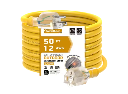 Aweltec 50 FT 12 AWG Outdoor Extension Cord, 1875W LED Lighted Socket, UL Listed