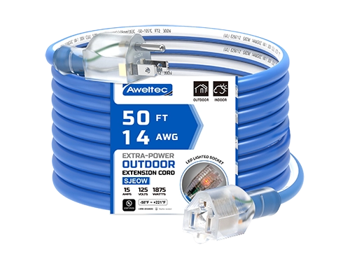 Aweltec 50 FT 14/3 SJEOOW Outdoor Extension Cord, 15A 1875W Lighted End